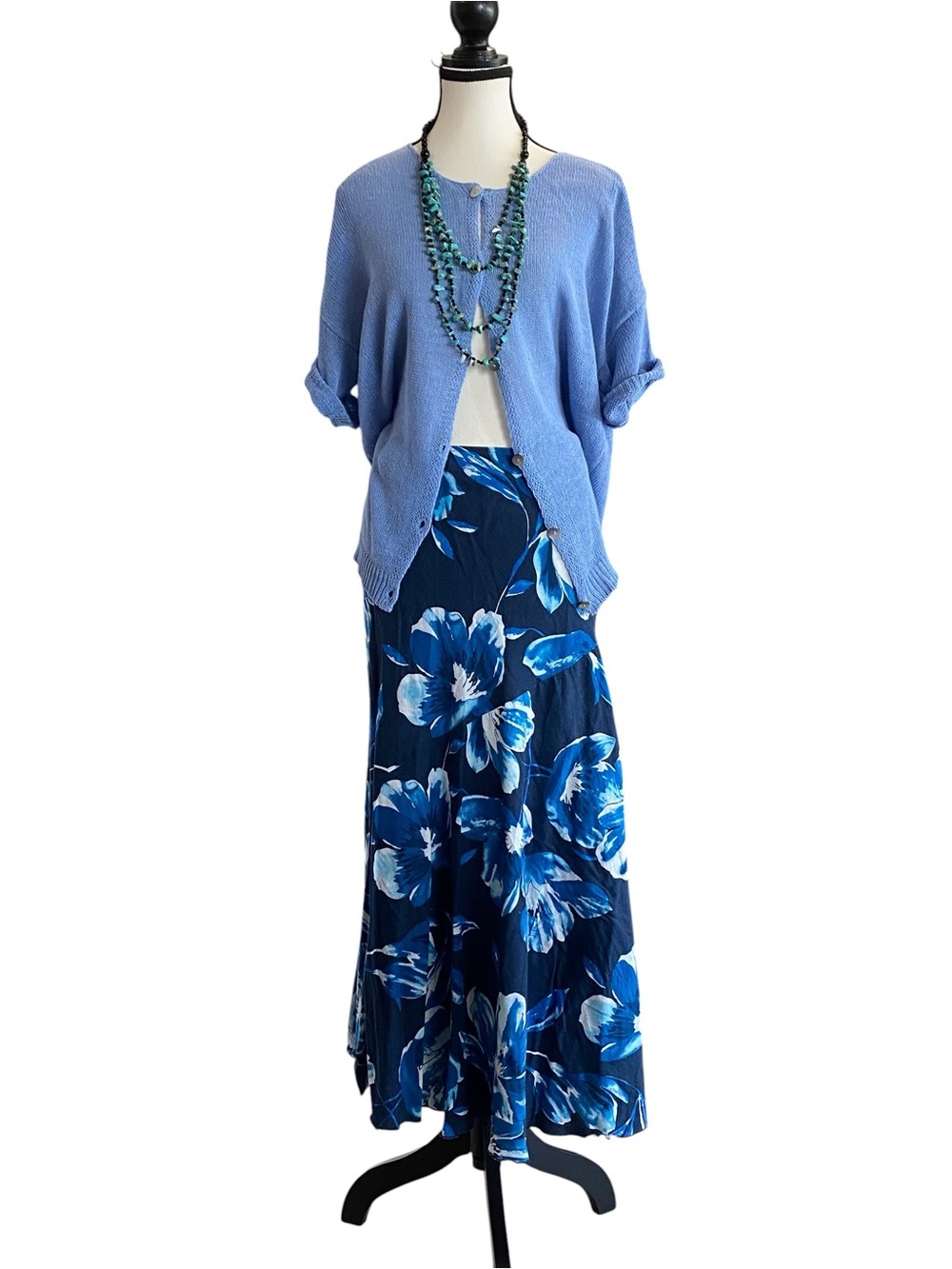 Blue Floral Maxi Skirt - Women's Elegant Flowing Skirt linen rayon blend